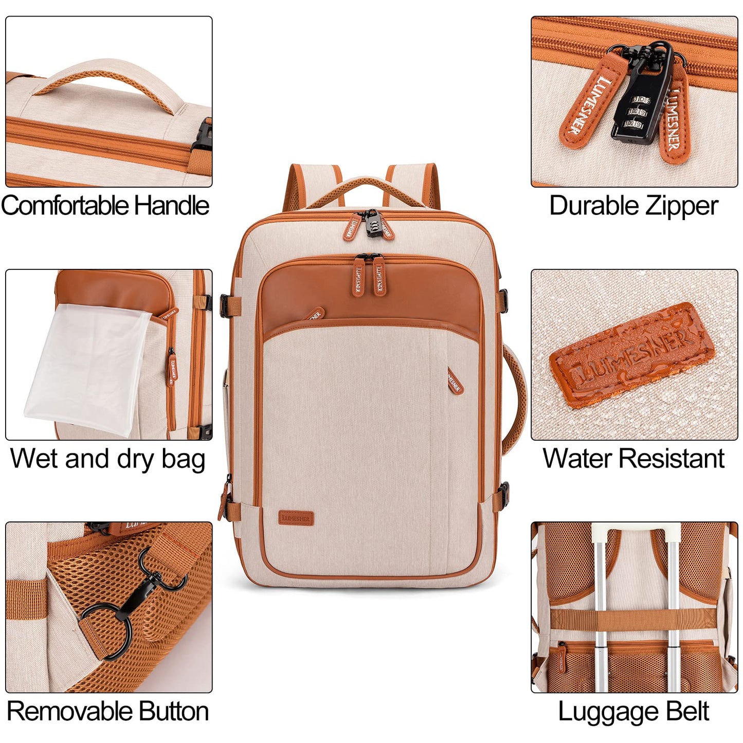 Carry on Travel Backpacks, Extra Large 40L Flight Approved Bag for Men & Women,Expandable Suitcase Backpack With 4 Packing Cubes,Water Resistant Luggage Daypack Business Weekender Bag,Beige