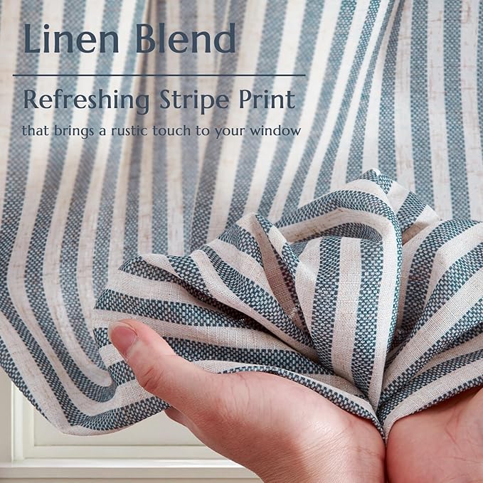 jinchan Striped Linen Kitchen Curtains 30 Inches Length Tier Curtains Farmhouse Modern Cafe Style Small Window Treatments Airy Light Filtering Rod Pocket for Living Room Bathroom 2 Panels Blue