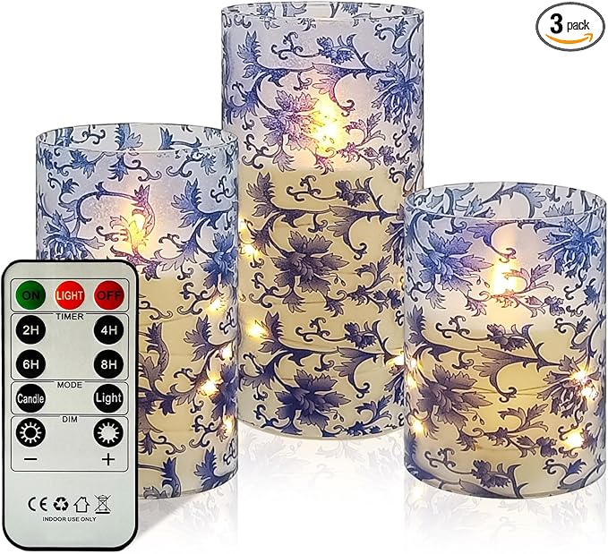 Flickering Flameless Candles Blue and White Porcelain Print, Embedded Star String Lights, Battery Operated Acrylic LED Pillar Candles with 11-Key Remote and Timer for Home Decoration, 3 Pack