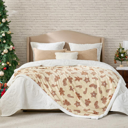 Cozy Bliss Luxury Sherpa Throw Blanket for Couch, Premium Reversible Thick Throw with Gingerbread & Candy Cane Design, Warm Cozy Soft Blanket for Home and Gifts (50 * 60)