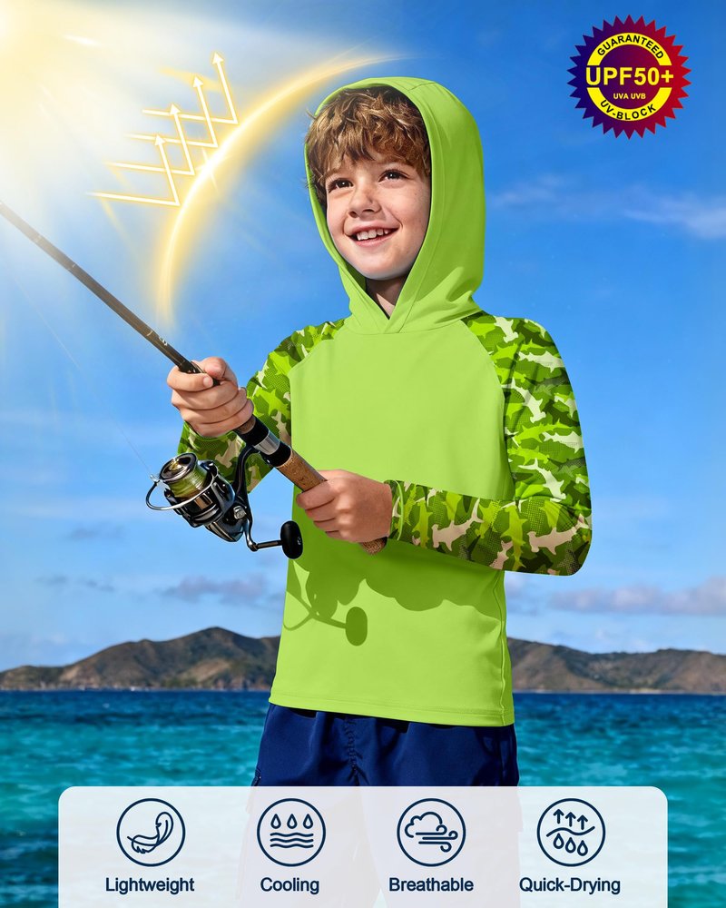 DRONIRING Boys Rash Guard Swim Hoodie, UPF 50+ UV Sun Protection Long Sleeve Fishing Shirt, Kids Youth SPF Water Shirts Lime Green