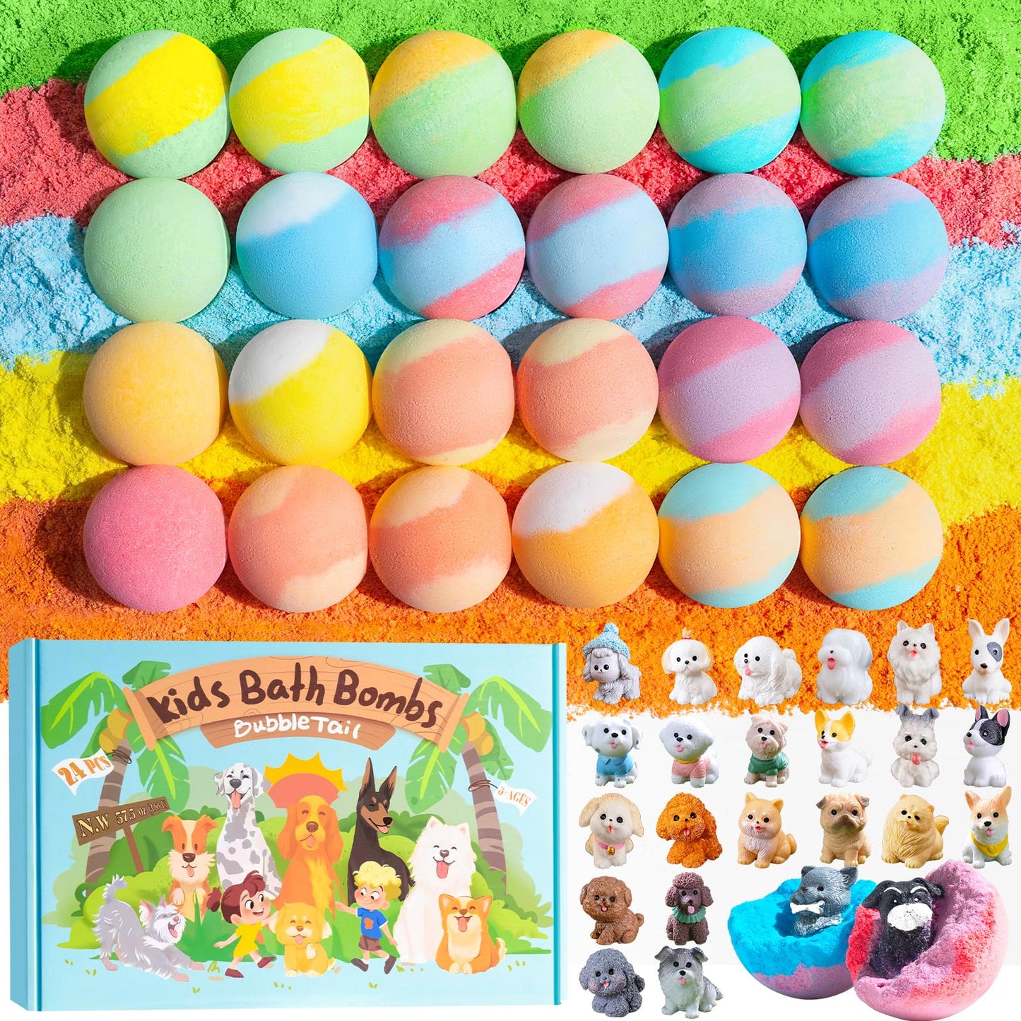 BubbleTail 24 Pack Puppy Bath Bombs for Kids - Each with Surprise Dog Figurine Inside, 12 Scents, Bath Bombs with Toys, Skin-Friendly, Birthday Party Favors & Stocking Stuffers for Boys & Girls