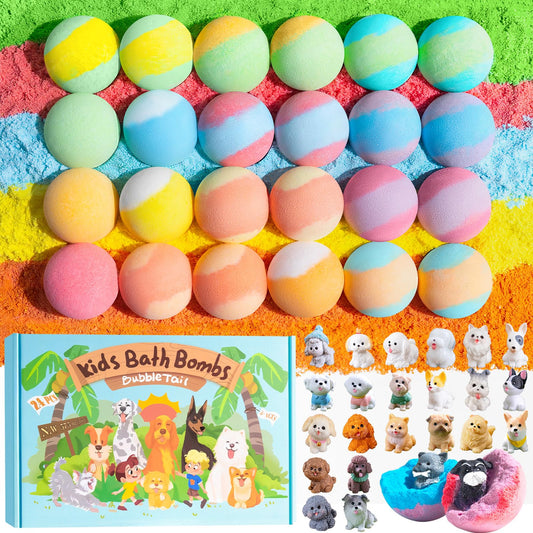 BubbleTail 24 Pack Puppy Bath Bombs for Kids - Each with Surprise Dog Figurine Inside, 12 Scents, Bath Bombs with Toys, Skin-Friendly, Birthday Party Favors & Stocking Stuffers for Boys & Girls