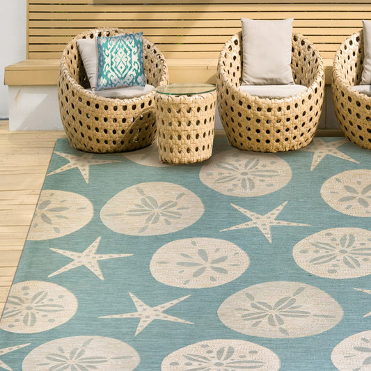 Gertmenian Indoor Outdoor Area Rug, Classic Flatweave, Washable, Stain & UV Resistant Carpet, Deck, Patio, Poolside & Mudroom, 6x9 Ft Medium, Sand Dollar Starfish, Oasis Green