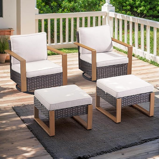 Rilyson Outdoor Wicker Patio Furniture Set - 4 Piece Patio Conversation Set with 2 Wicker Swivel Rocker Chairs,2 Rattan Ottoman, Thick Cushions, Deep Seating, Wide Armrest(Brown/Beige)