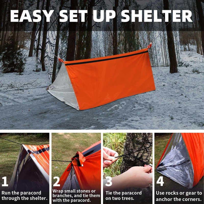 Frelaxy Extra-Thick Survival Tent and Emergency Sleeping Bag, Emergency Shelter Survival Bivy Set with Whistles, Paracord, Storage Pouches, and EVA Case, Perfect for Survival Kits (Orange Set)