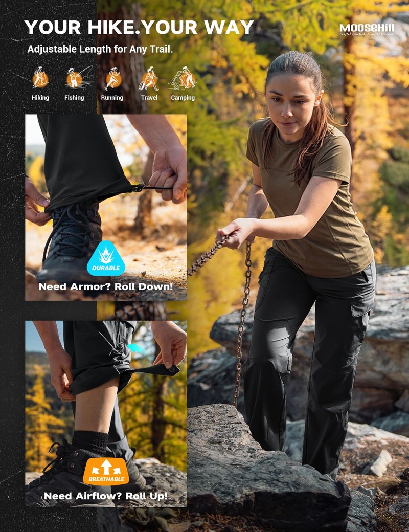 Moosehill Women's-Hiking-Pants-Cargo-Quick-Dry-Stretch-Lightweight Work Outdoor Pants with 5 Deep Pockets(Black, 8, 31in)