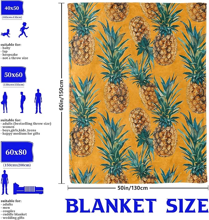 Yellow Pineapple Fruit Throw Blanket for Boys Girls Kids Adults Women, Fuzzy Warm Soft Cozy Flannel Blankets Gifts for Bedroom, Couch, Travel, Home Decor 60x80 in