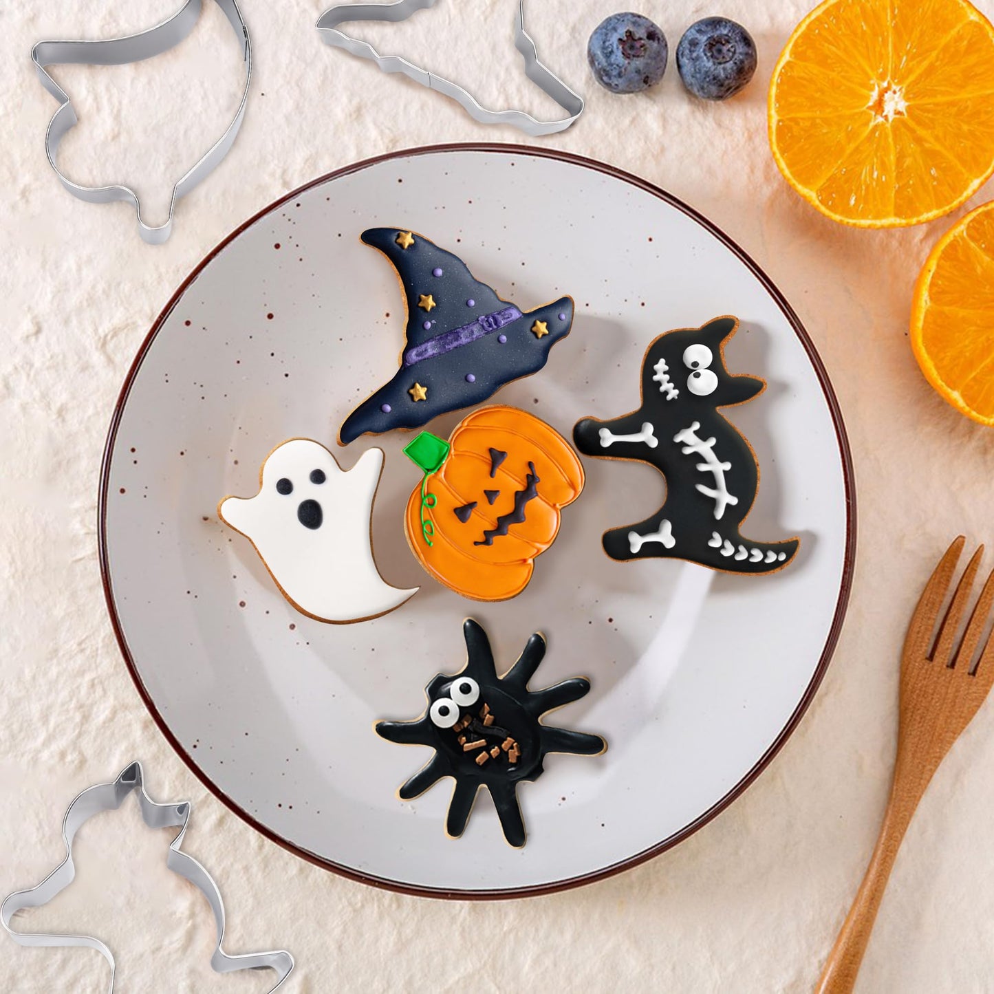 FUSOTO Halloween Cookie Cutters, 6 Pcs Holiday Cookie Cutters Halloween Shapes - Spider, Pumpkin, Bat, Cat, Ghost, Witch Hat for Cookie Baking