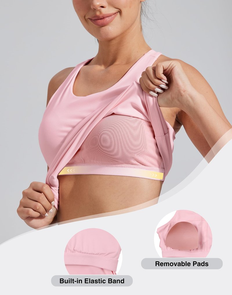 Pioneer Camp Workout Tank Tops for Women with Built in Bra, Sleeveless Gym Tops Seamless Racerback Athletic Yoga Shirts, Pink, L