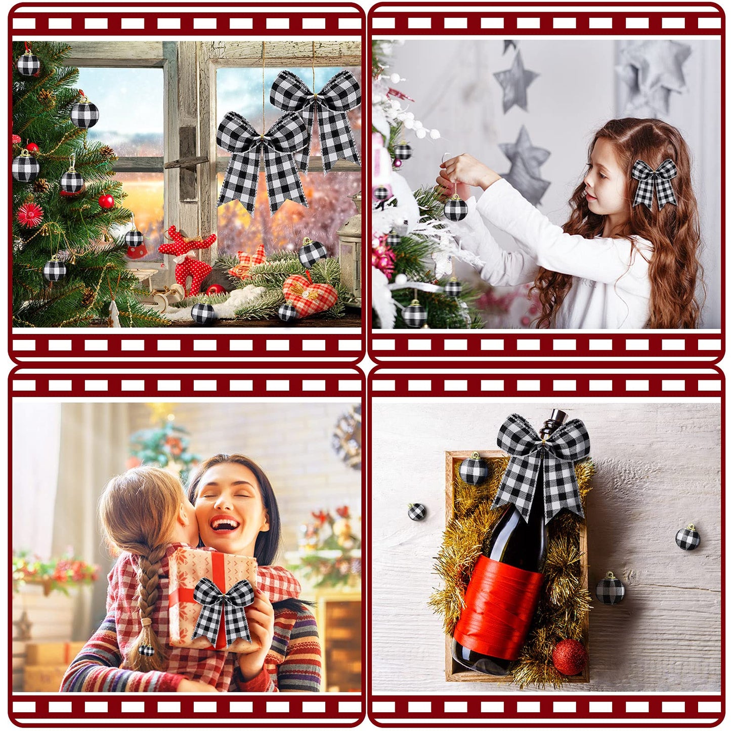 Chuangdi 36 Pcs Christmas Buffalo Plaid Ball Ornament and 12 Pcs Bow - Xmas Tree Hanging Decor for Holiday Farmhouse Party (Black and White, 5.9 Inch and 1 Inch)