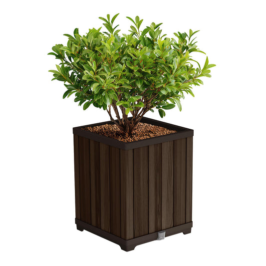 Keter Signature 21.6 Inch Tall Square Large Wood Look Planter for Indoor or Outdoor Flower Pot Ideal for Patio Deck and Front Porch Decor, Rosewood