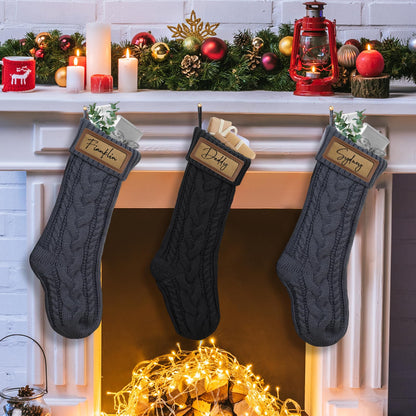 steo spce 4 Pack Personalized Christmas Stocking with Leather Patches Custom Name Family Christmas Stockings, 18.5” Large Knitted Xmas Stockings for Kids, Holiday and Fireplace Party Decoration