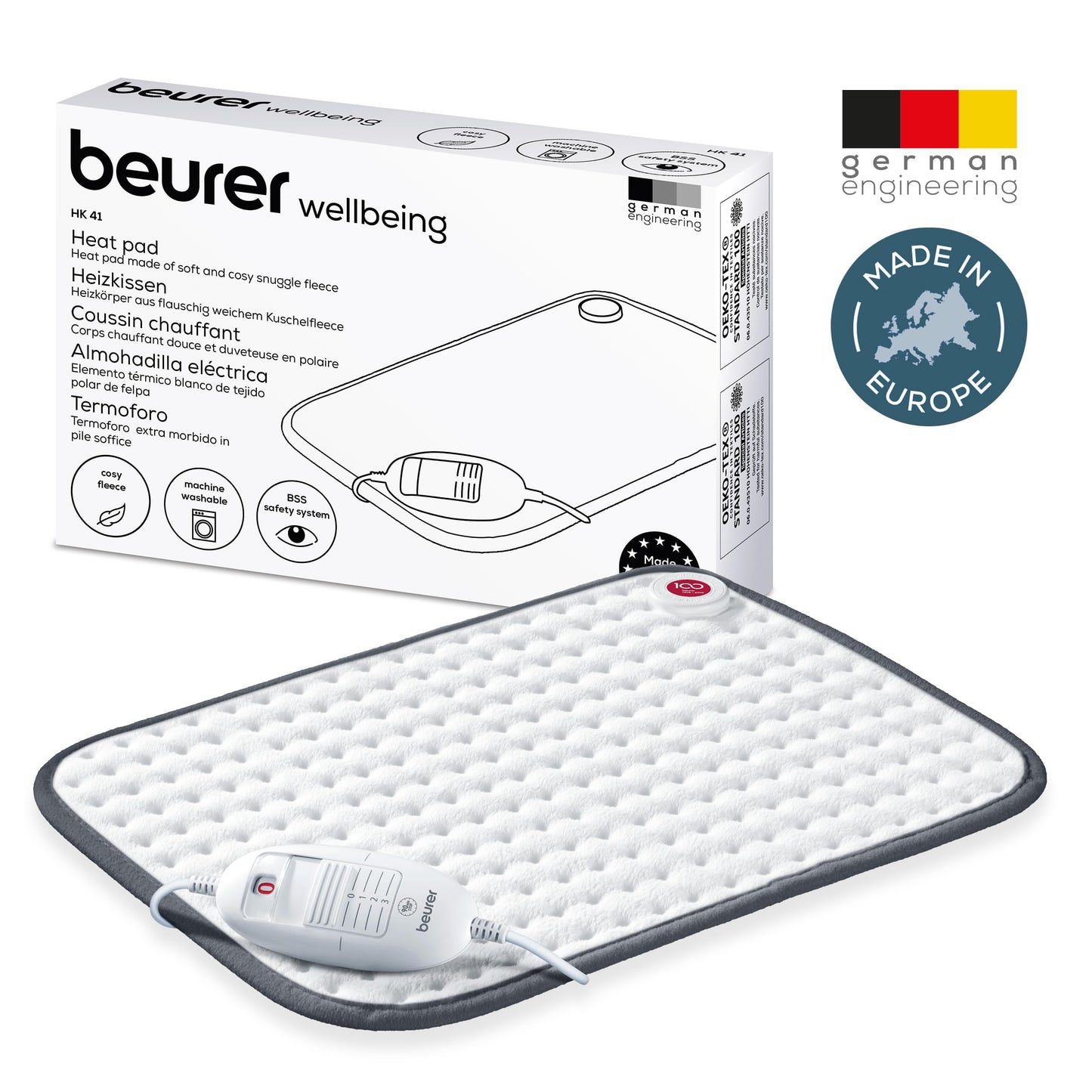 Beurer HK 41 Heating Pad Cuddly Heat Pad with 3 Temperature Settings and Automatic Shut-Off, Machine Washable, Made in Europe, White/Grey