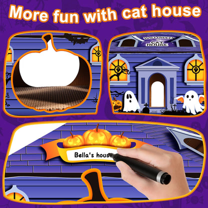 Tailtastic Halloween Cardboard Cat House Playhouse with 2 Scratching Pads & Catnip - Indoor Cat Scratcher Hideaway for Kittens & Cats (14"x14"x13")
