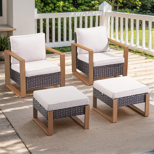Rilyson Outdoor Wicker Patio Furniture Set - 4 Piece Patio Conversation Set with 2 Wicker Armrest Chairs,2 Rattan Ottoman, Sturdy Frame, Thick Cushions, Deep Seating(Brown/Beige)