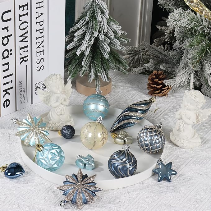 82Pcs Blue and Gold Christmas Ornaments Set,Plastic Assorted Christmas Decorations for Tree Shatterproof Baubles Snowflake Xmas Ball Ornaments for Holiday Party Decor (Blue&Gold)