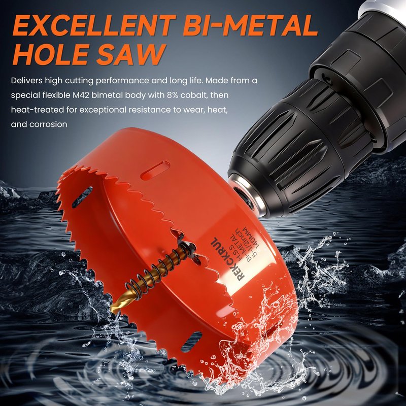 REKCKRUL (105mm | 4-1/8 Inch) HSS M42 with 8% Cobalt Bi-Metal Hole Saw – for Wood, Metal, Plastic, Drywall, PVC, Gypsum Board, Rubber – Includes Dust Bowl Catcher, Arbor, 2 Pilot Drill Bits & Hex Key