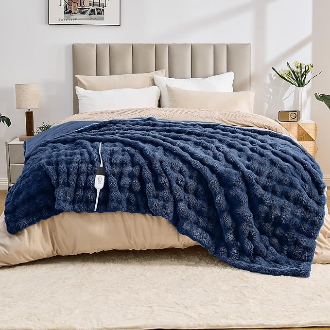 Heated Blanket Electric Throw Blanket 62''X 84''-Heating Blanket with 6 Heat Settings-10 Hours Auto Off,Cozy Faux Rabbit Fur Bubble Electric Blanket,Navy Blue