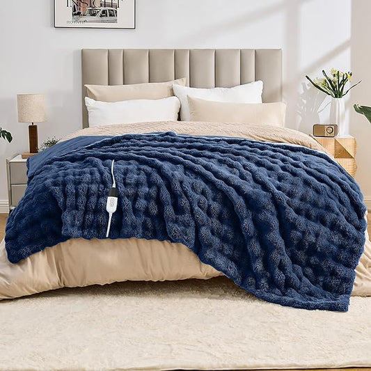 Heated Blanket Electric Throw Blanket 62''X 84''-Heating Blanket with 6 Heat Settings-10 Hours Auto Off,Cozy Faux Rabbit Fur Bubble Electric Blanket,Navy Blue