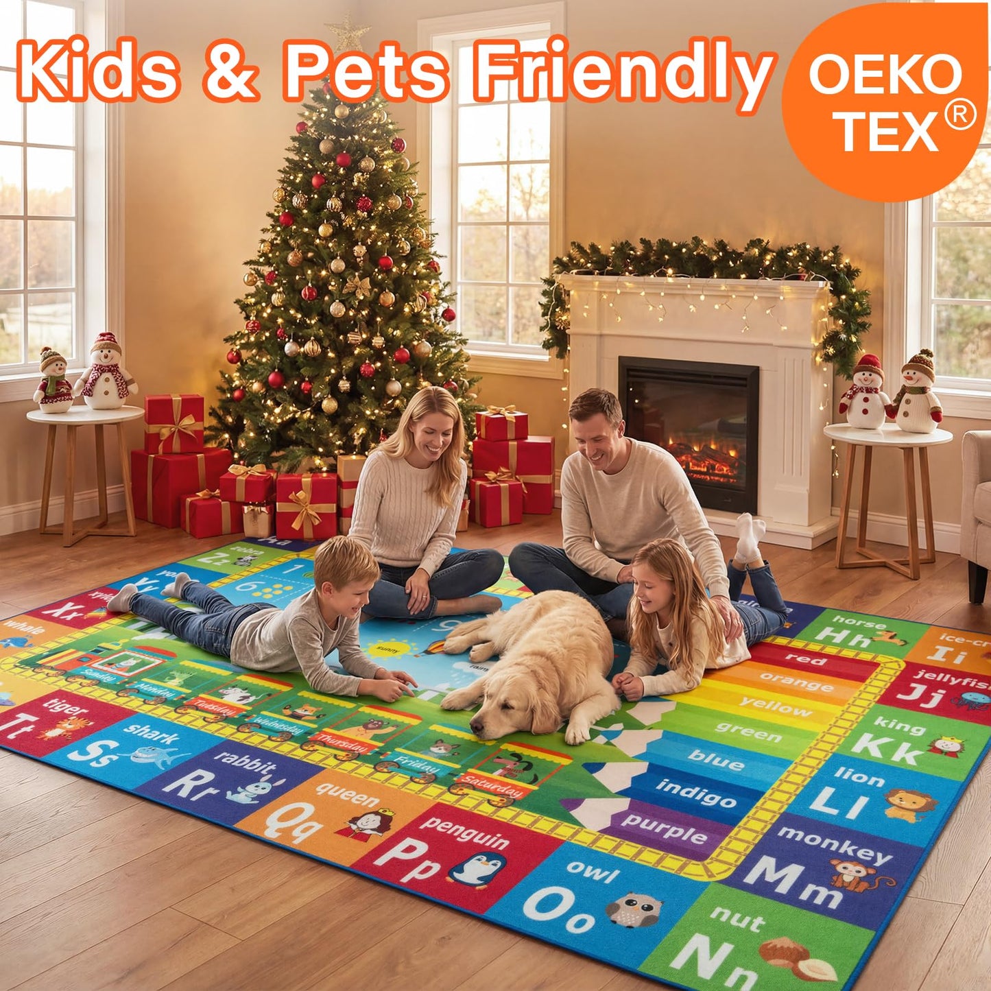 Unirea 4x6 Kids Rug for Playroom Bedroom Living Room, Washable Educational Play Mat with ABC Alphabet, Numbers, Animals for Classroom, Nursery, Colorful Learning Carpet for Toddlers, Rainbow