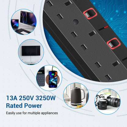 DEWENWILS 6 Way Surge Protected Extension Lead with Individual Switches and Indicator Lights, Extension Cable 3M, 13Amp 6Gang Power Strip Lead, Black