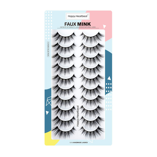 Happy Heartbeat 3D False Eyelashes Spiky Wispy Natural Cat Eye Manga Fluffy Soft Faux Mink lashes Reusable Short Fake Lashes 10 Pairs(H2)