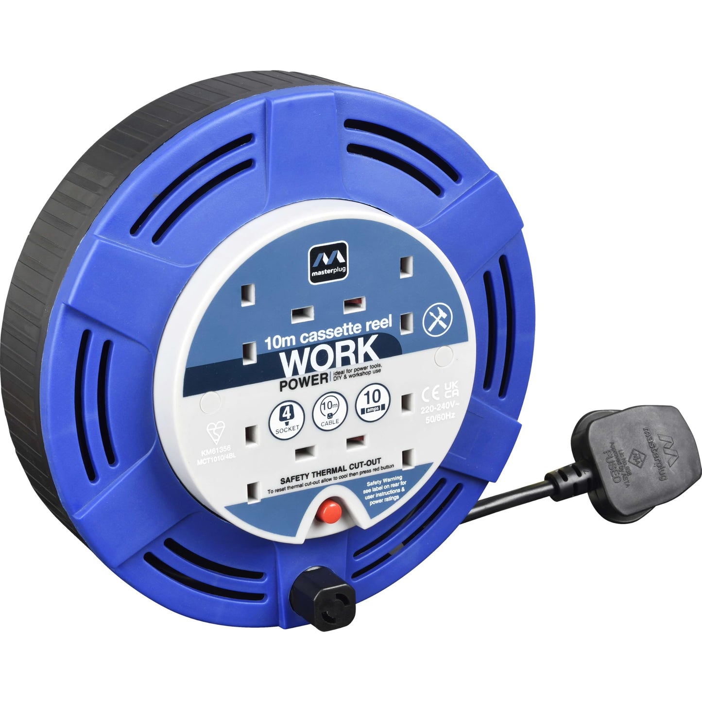 Masterplug Four Socket Retractable Medium Cassette Reel, Extension Lead Cable Reel, Wind-Up Power Cord Reel, Thermal Cut Out, 10 Metre Cable, Work Power, Blue/Black, 10A, 4G, 10m, MCT1010/4BL