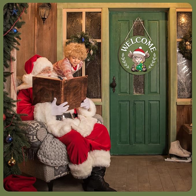 35 Pcs Christmas Interchangeable Highland Cow Welcome Sign Highland Cow Seasonal Wooden Hanging Door Decor Thanksgiving Farmhouse Hanging Sign for Front Door Xmas Party Decoration Gift(Grass Green)