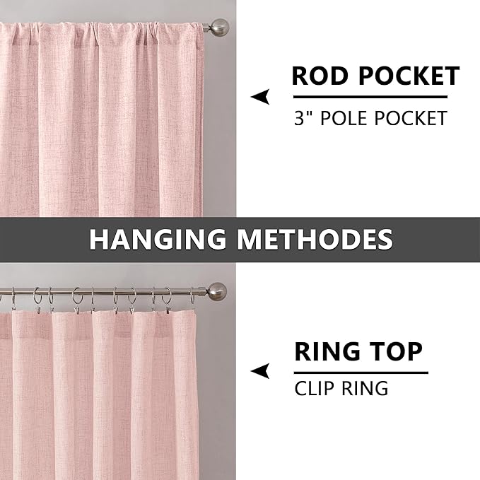 Tollpiz Linen Curtain Bedroom Rod Pocket Semi Sheer Curtains Burlap Light Filtering Thick Linen Drape for Living Room, 54 x 63 inches Long, Pink, Set of 2 Panels