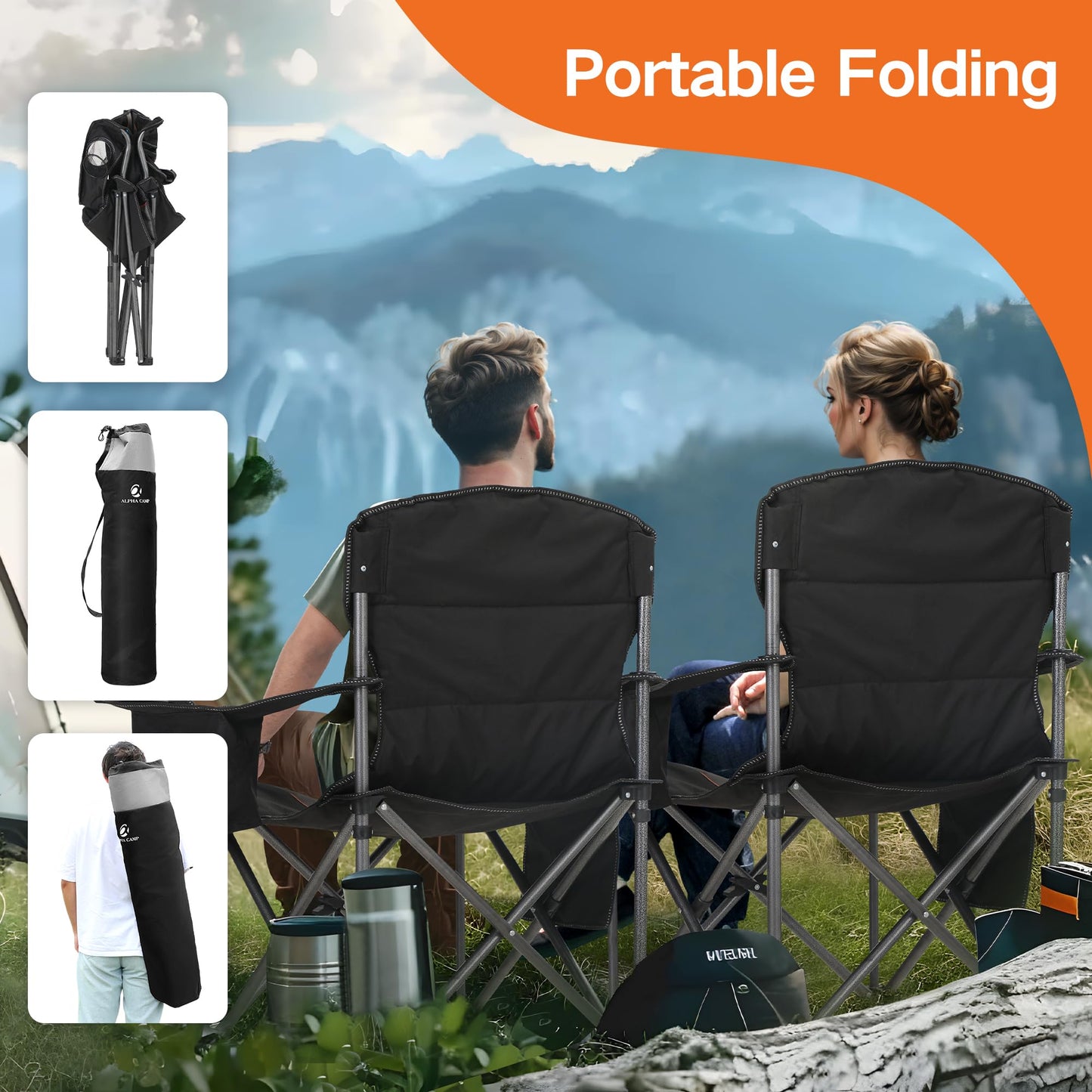 ALPHA CAMP Folding Camping Chair for Adults, Oversized Heavy Duty Lawn Chairs with Cooler Bag, Cup Holder & 600D Oxford Fabric, Folding Chairs for Outside Support 450 LBS,Outdoor Chair 2 Pack