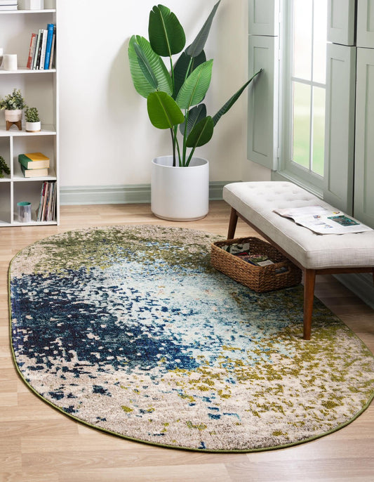 Unique Loom Estrella Collection Abstract, Modern, Light Colors, Distressed Area Rug (5' 0 x 8' 0 Oval, Blue/Beige)