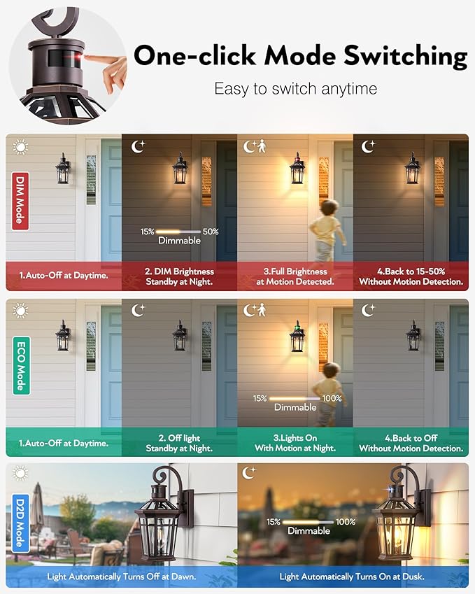 Motion Sensor Porch Lights Outdoor Wall Mount, Oil Rubbed Bronze Exterior Wall Sconce Lantern with E26 Socket, Waterproof Dusk to Dawn Outdoor Lighting Fixtures, Coach Lights for Garage, Patio