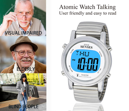 FIVE SENSES Atomic! Talking Watch - Sets Itself Senses Metal Easy-to-Read Talking Watch (Silver)