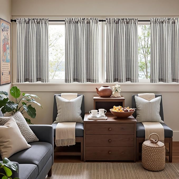 jinchan Striped Linen Kitchen Curtains 36 Inches Tier Curtains Farmhouse Modern Cafe Style Small Window Treatments Airy Light Filtering Rod Pocket for Living Room Bathroom 2 Panels Charcoal Grey