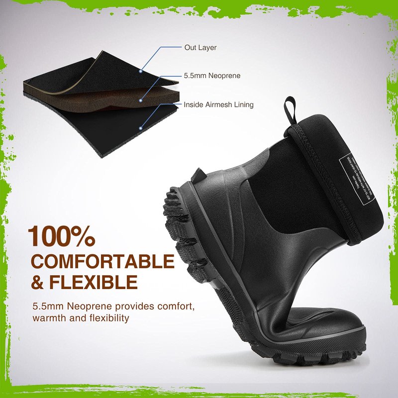 TIDEWE Rubber Boots for Men, 5.5mm Neoprene Insulated Rain Boots with Steel Shank, Waterproof Mid Calf Hunting Boots, Sturdy Rubber Work Boots for Farming Gardening Fishing (Black Size 7)