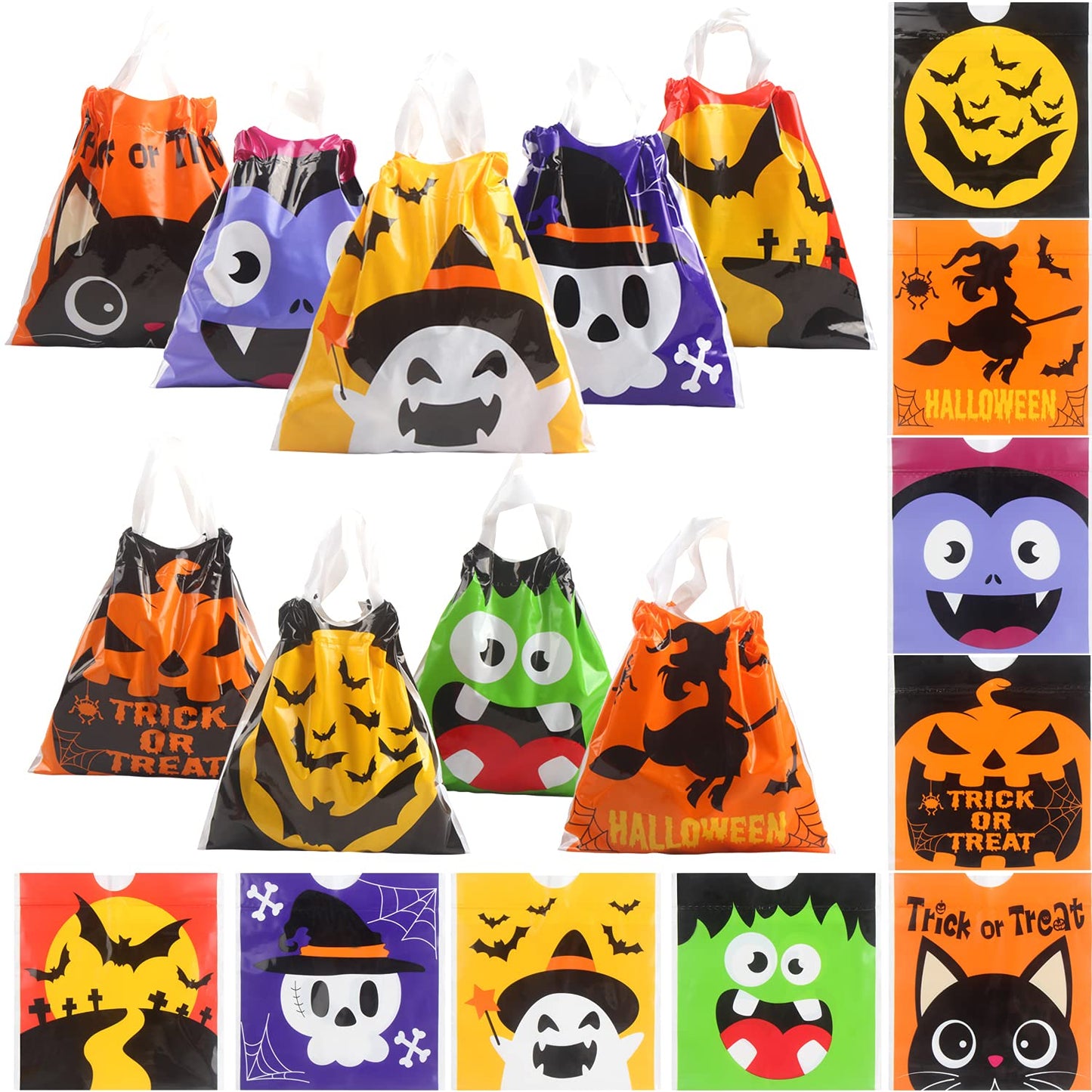 DIYASY 72 Pcs Halloween Drawstring Treat Bags, Small Plastic Candy Bags with Handle Trick or Treat Halloween Party Favors Supplies