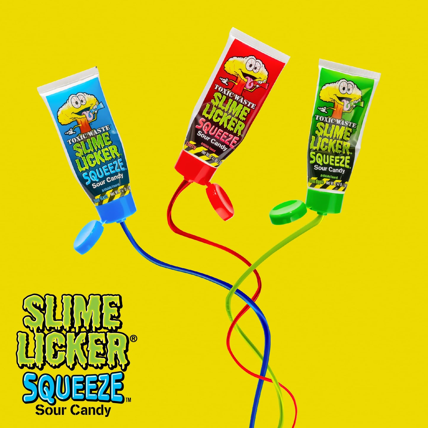 TOXIC WASTE - Slime Licker Squeeze - Sour Squeeze Slime Candy - Green Apple, Blue Razz, & Cherry Flavors - 2.47 oz. Tubes - 3 Pack