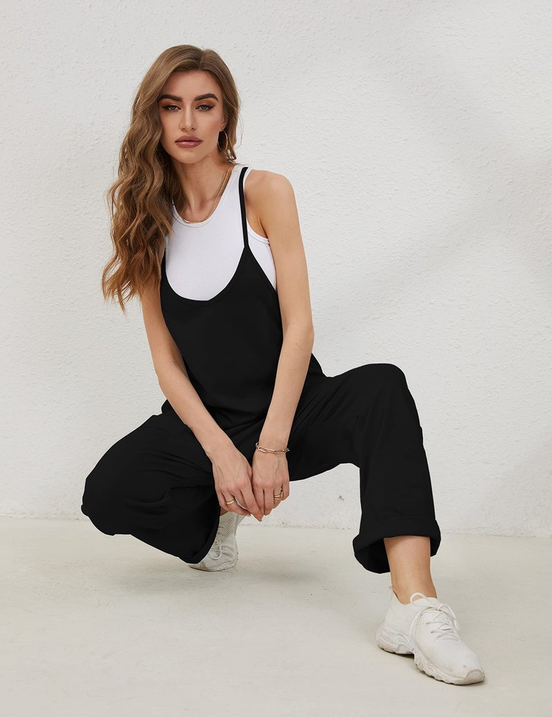Lentta Women's Causal Jumpsuits V Neck Sleeveless Harem Overalls Stretchy Adjustable Strap Romper with Pockets(Black-L)