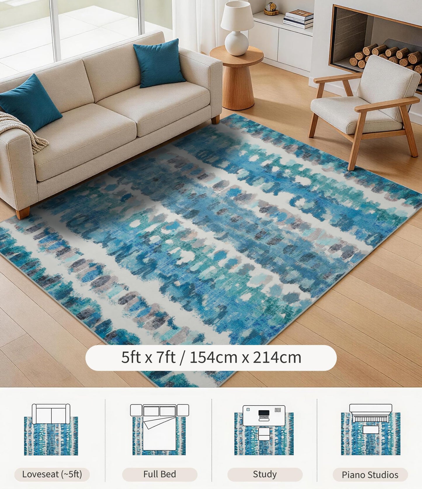 YIHOUSE Abstract Area Rug 5x7, Washable Blue Rugs for Living Room, Non-Slip Backing, Low-Pile Soft Modern Rug for Bedroom, Dining Room, Office, Nursery