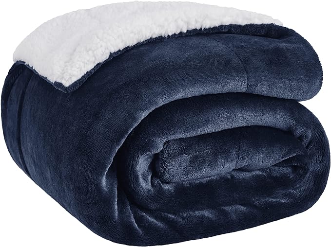 Bedsure GentleSoft Sherpa Fleece Throw Blanket Twin Size for Couch - Thick and Warm Throw for Men, Soft Fuzzy Plush Twin Blanket for Winter, Navy, 60x80 Inches