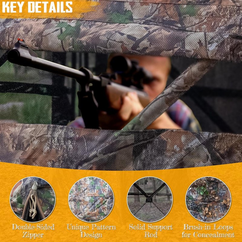 Hunting Blind - 360° See-Through Ground Blind with Chair & Floor Mat | 2-3 Person Camouflage, 58" W x 58" L x 66" H