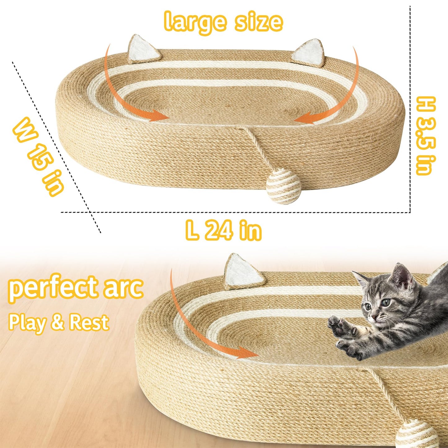 Fengsaobao Cat Scratcher Bed 3 in 1 Sisal Cat Scratching Pads Beds Cat Scratchers for Indoor Cats with Anti-Slip(24x15x3.5 in)
