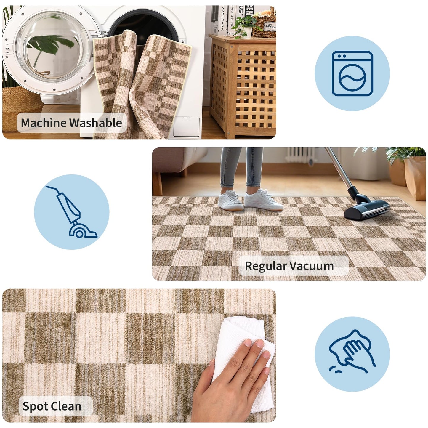 GarveeHome 8×10 Area Rugs for Living Room,Modern Brown Checkered Rug,Geometric Tan Brown Print Non-Slip Washable Farmhouse Checkerboard Rugs for Bedroom Dining Room Office