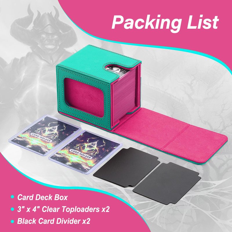 Commander Deck Box for MTG with double display windows,Card Storage Box Fits 120+ Single sleveed Cards,Magnetic Card Box with 2 Dividers&2 Toploaders for TCG Turquoise/Pink