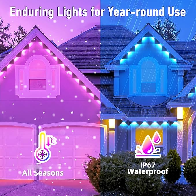65.6FT Permanent Outdoor RGB Lights,IP67 Waterproof Smart LED Eaves Lights with App/Remote Control,for Christmas and All Holiday Decor,Daily and Accent Lighting,House Roof and Garden Lighting