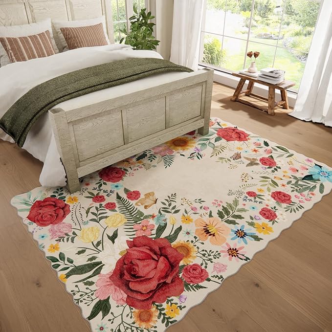 Washable Rugs for Living Room: 6x9 Area Rugs for Bedroom Soft Ultra Thin Stain Resistant Non Slip Low Pile Lightweight Vintage Floral Carpet for Dining Room Decor (Beige)
