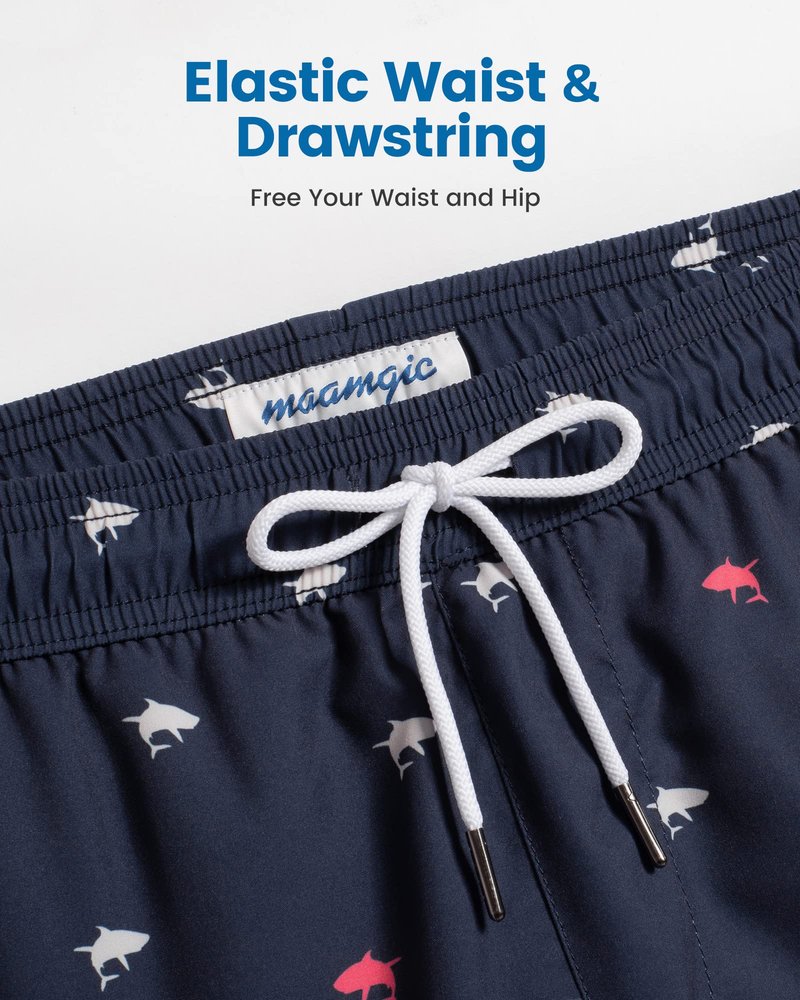 maamgic Mens Swim Trunks with Compression Liner 5 Inch, Quick Dry Bathing Suit with Zipper Pockets, Stretch No-Chafing Swim Shorts, Navy-Mini Shark X-Small