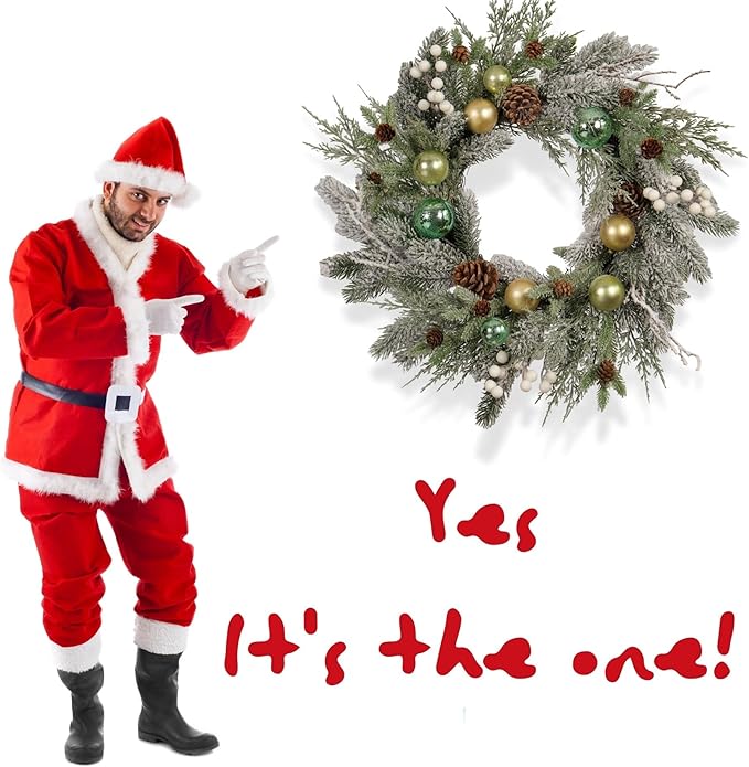 Holiday Christmas Wreath for Front Door, Snow Flocked 22-inch Artificial Winter Wreath with Gold and Green Ornaments, Pinecones and White Berries - Indoor & Outdoor Christmas Decoration