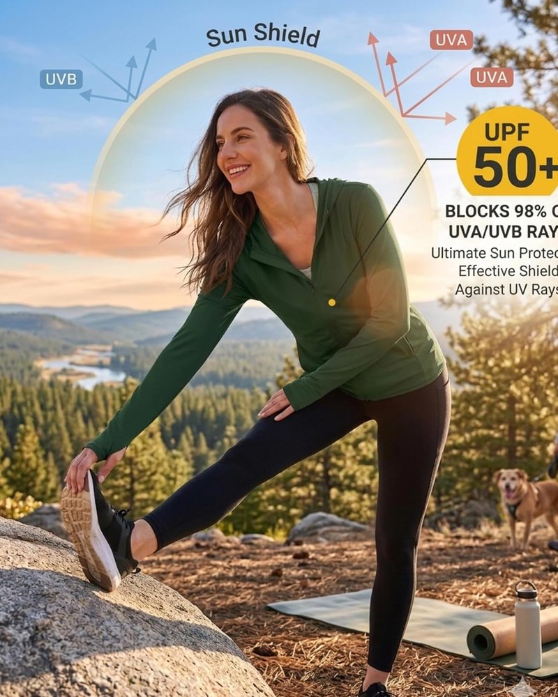 UPF 50+ Sun Protection Rash Guard | Women's Lightweight UV SPF Zip Hoodie Jacket for Hiking